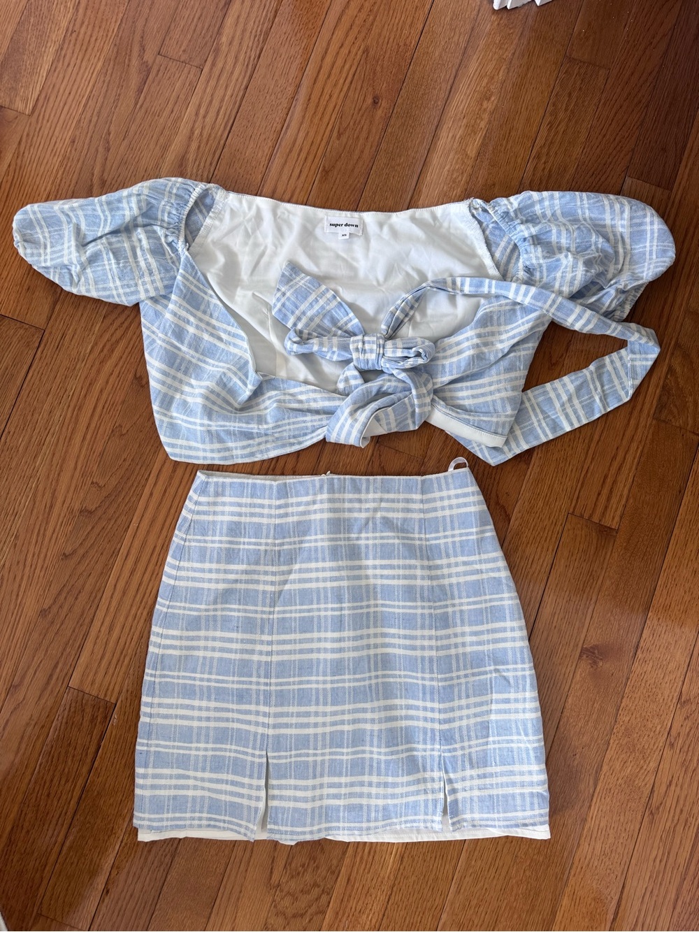 superdown Light Blue & White Striped Bow Front Top